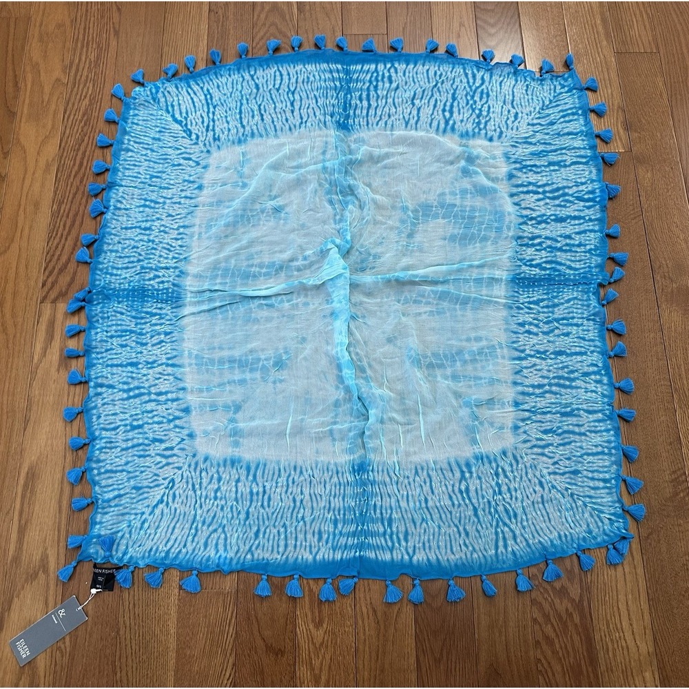 Eileen Fisher Womens Artisanal Silk Tasseled‎ Square Scarf Wrap Blue NWT